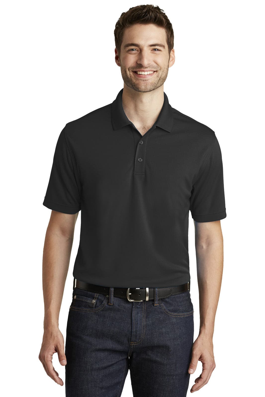 A black micro-mesh polo shirt featuring a collar, buttons, and a logo on the chest.
