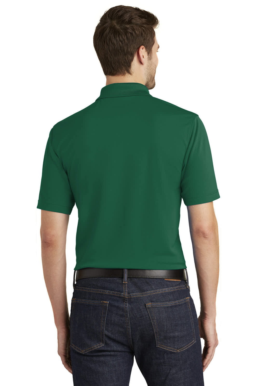 A man is wearing a solid green Port Authority Dry Zone UV Micro-Mesh Polo shirt, viewed from the back.