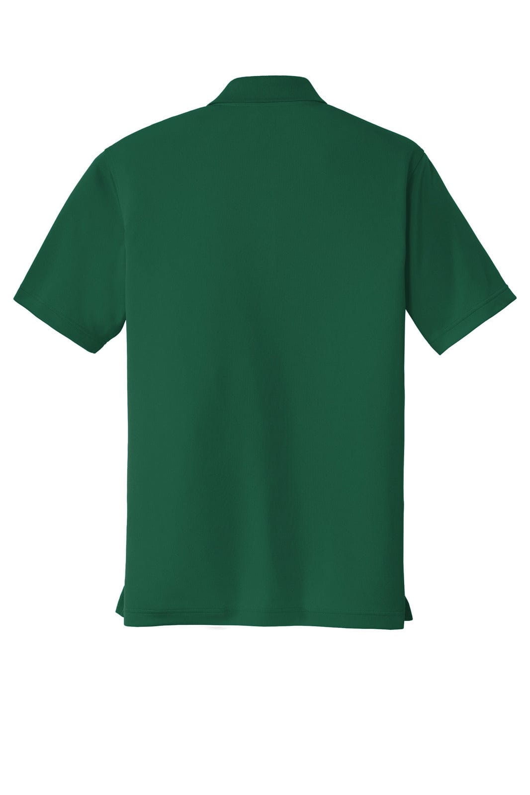 A green polo shirt with a collar and short sleeves, featuring a logo on the back.
