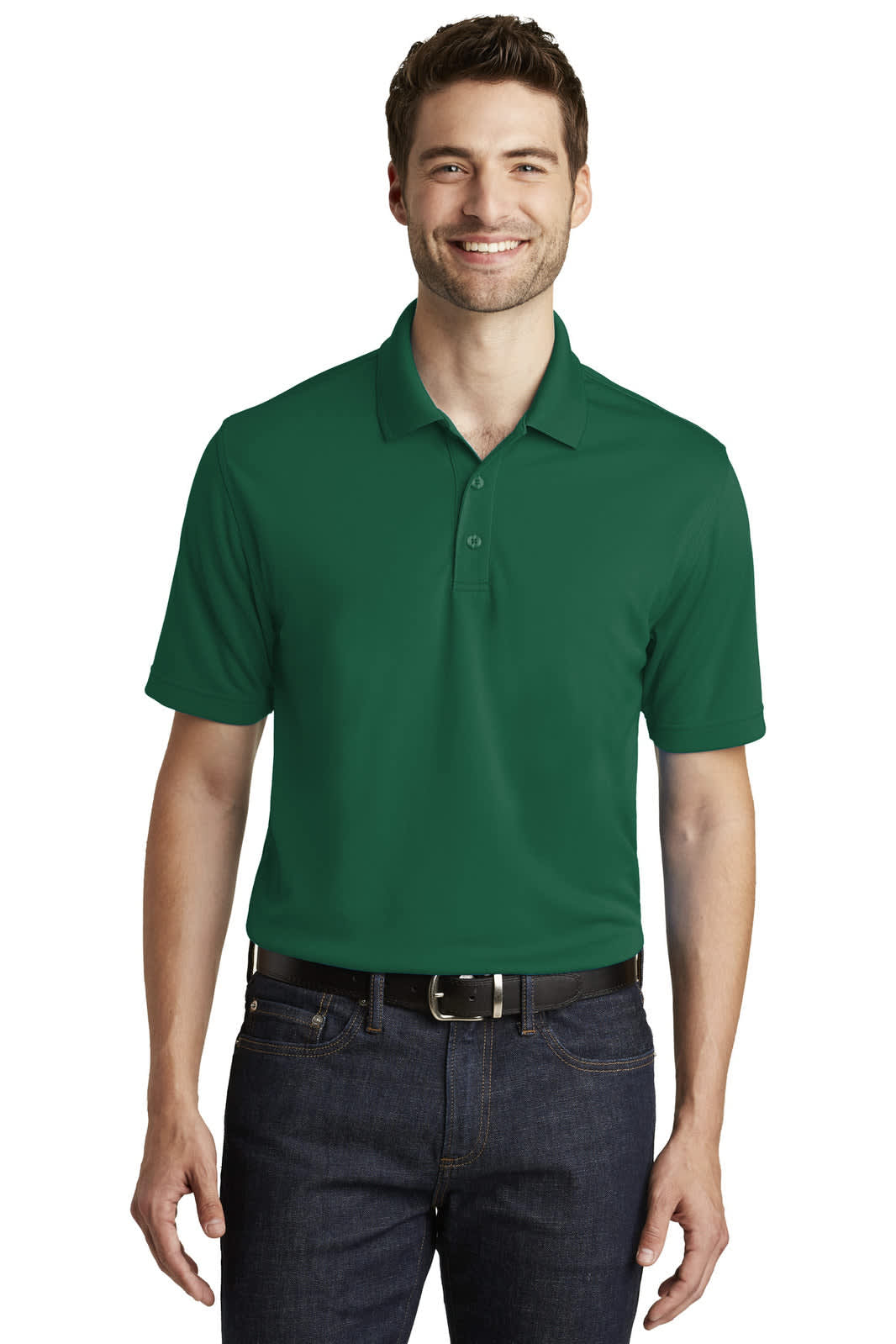 A green Port Authority Dry Zone UV Micro-Mesh Polo shirt with a logo, featuring a classic polo collar and short sleeves.