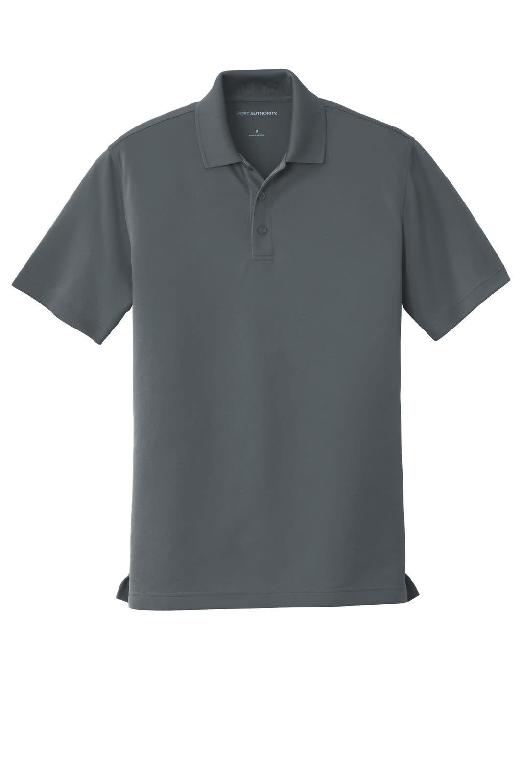 A grey polo shirt with a collar, short sleeves, and a three-button placket. It features a discreet logo.