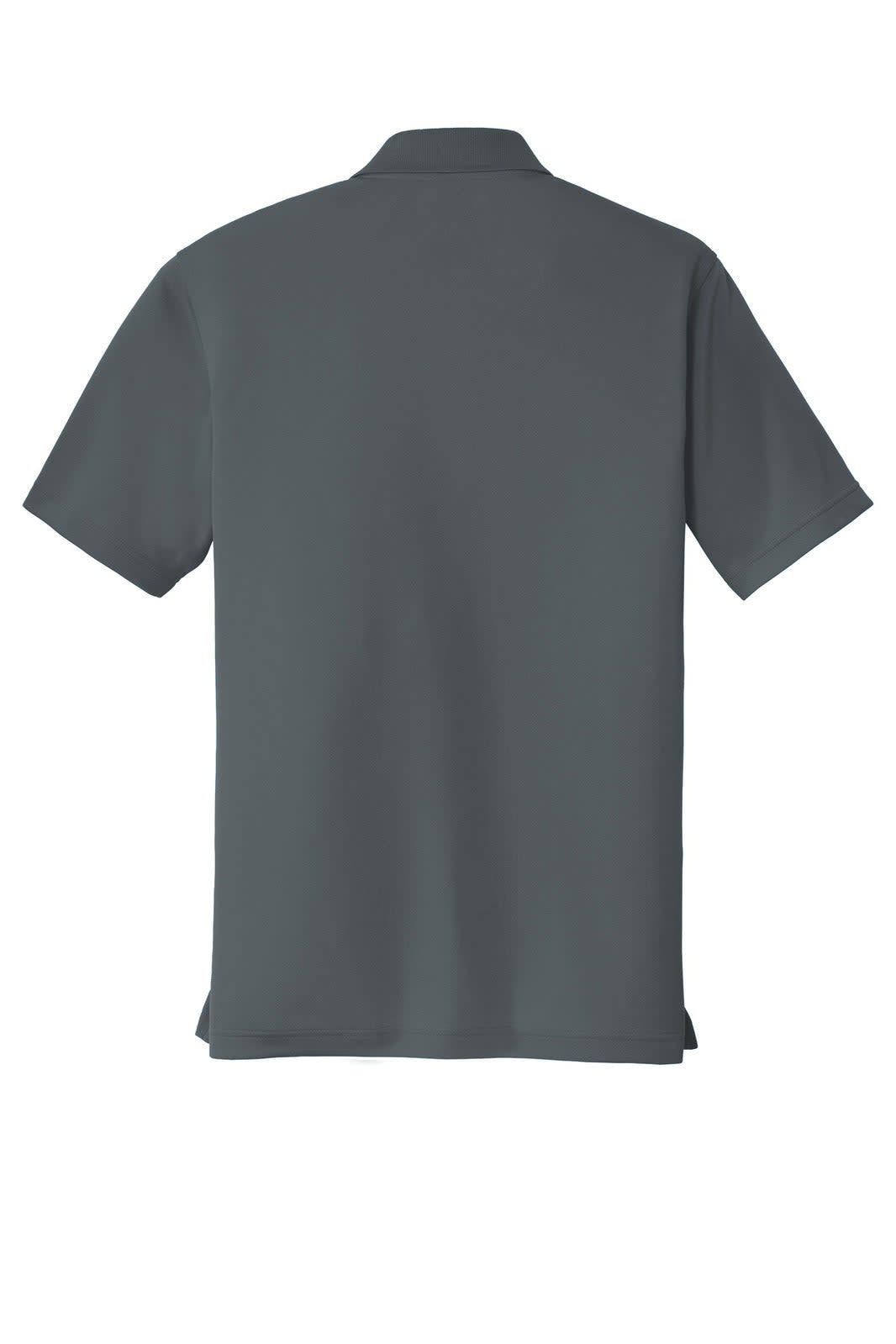 A grey polo shirt with a collar and short sleeves, featuring a logo on the front.