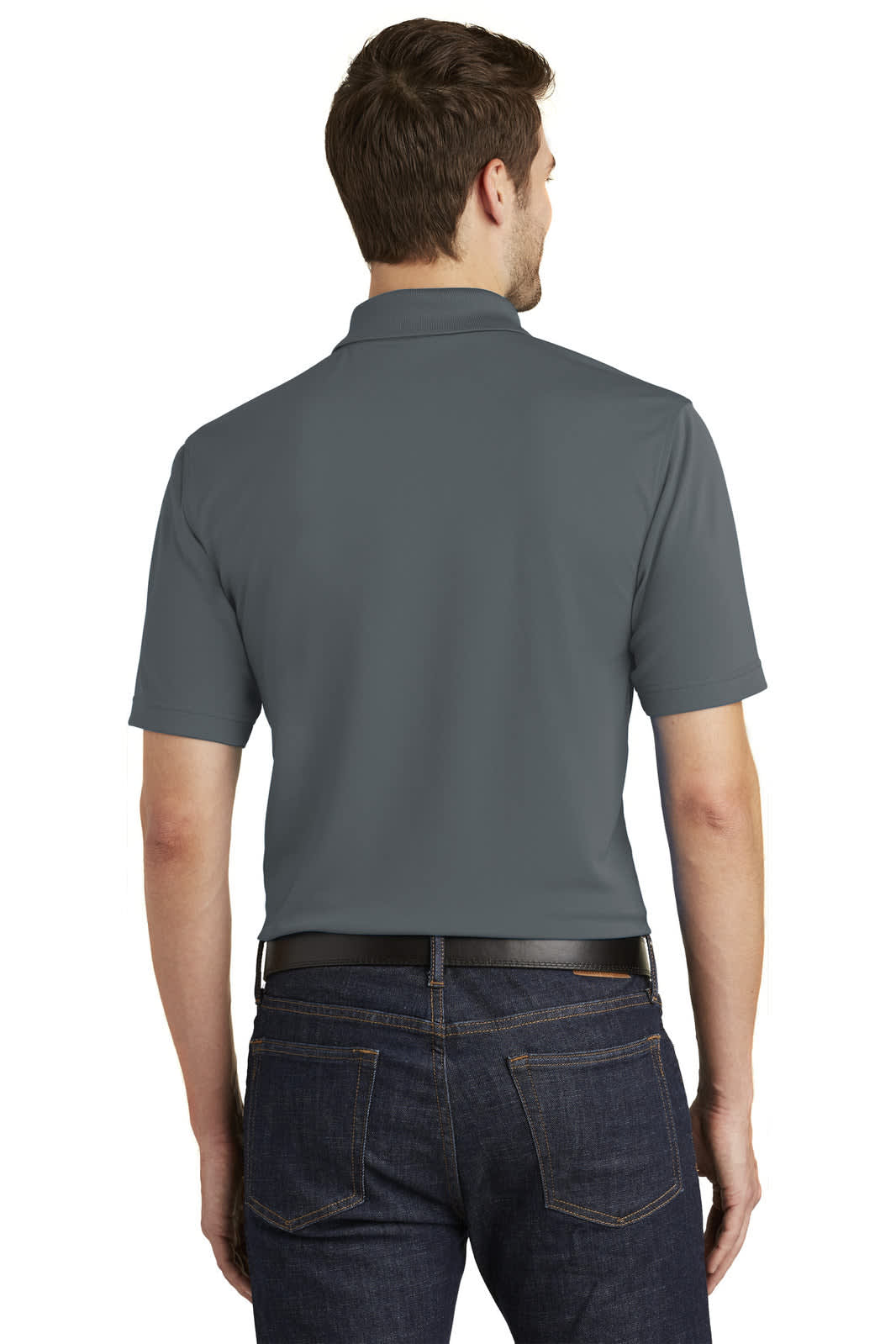 A grey polo shirt with a short sleeve, featuring a collar and a logo on the back.