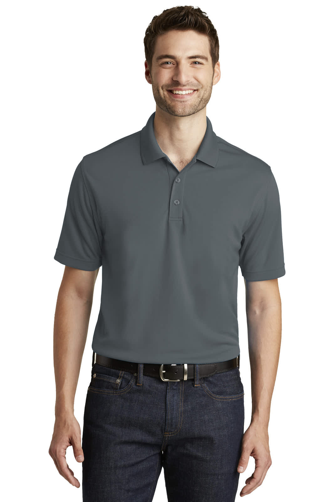 A grey polo shirt with a collar and buttons, featuring short sleeves and a logo. Suitable for casual wear.