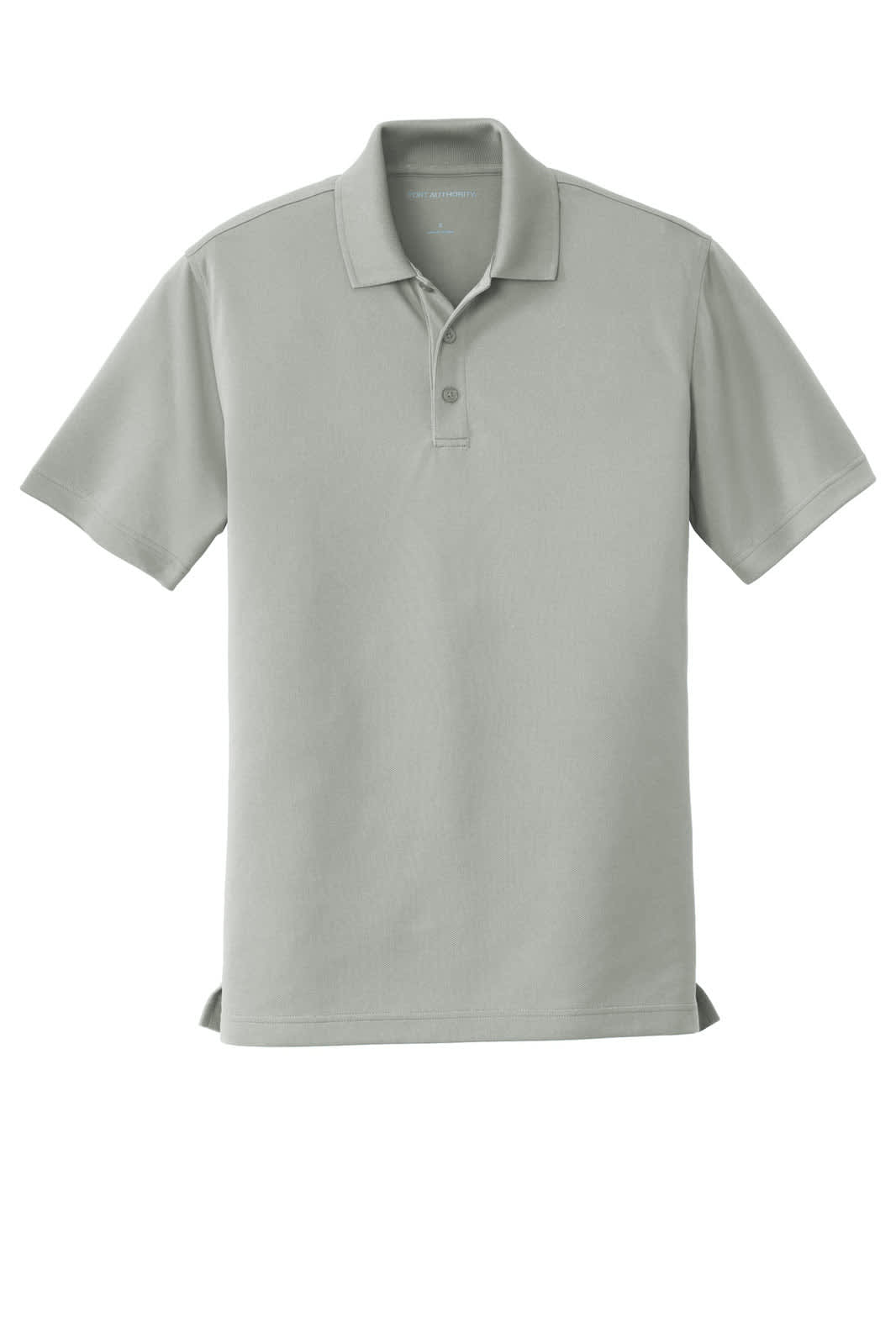 A light grey micro-mesh polo shirt featuring a three-button placket and a logo on the chest.