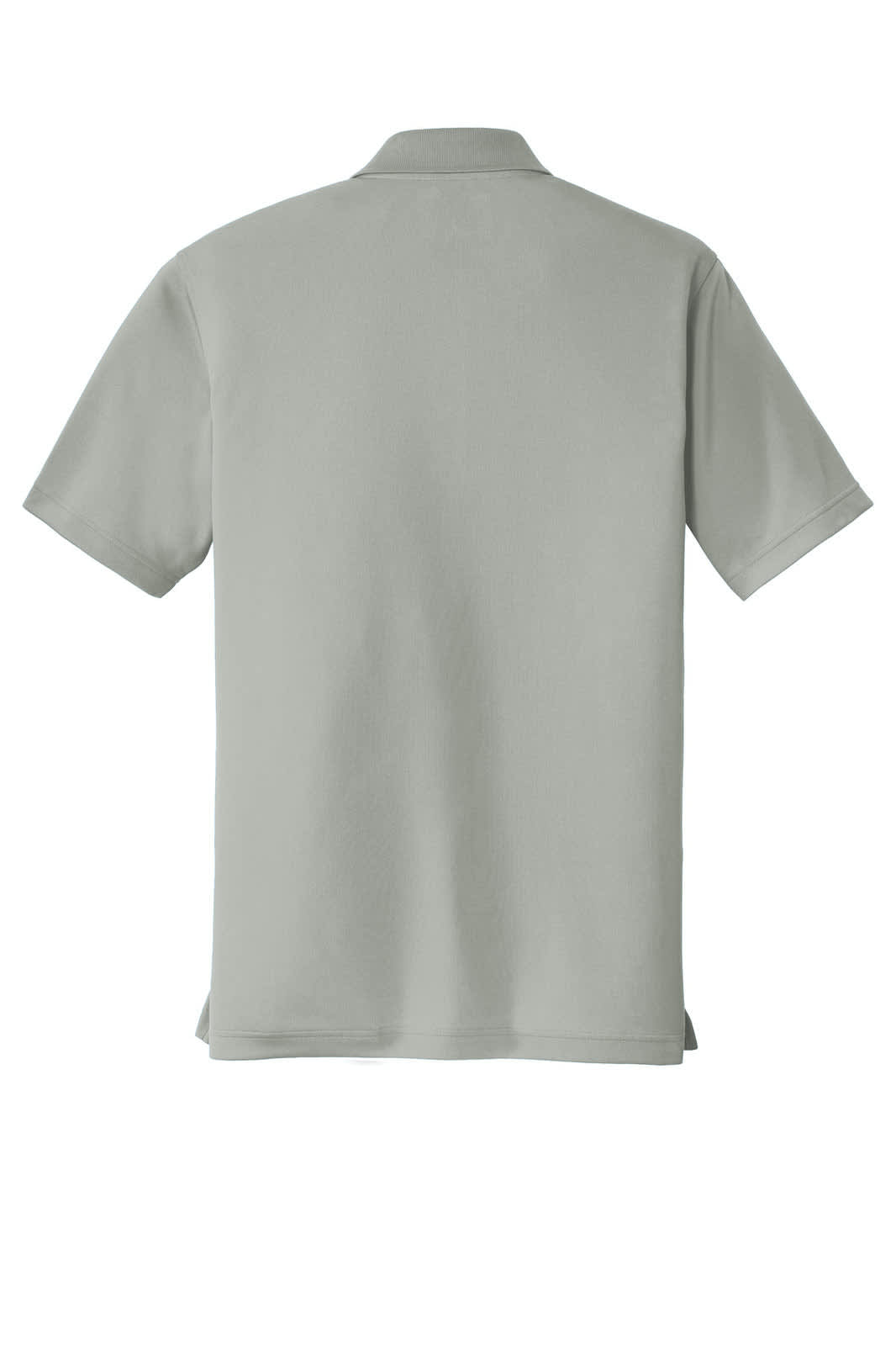 A light grey polo shirt with short sleeves and a collar, featuring a logo on the back.