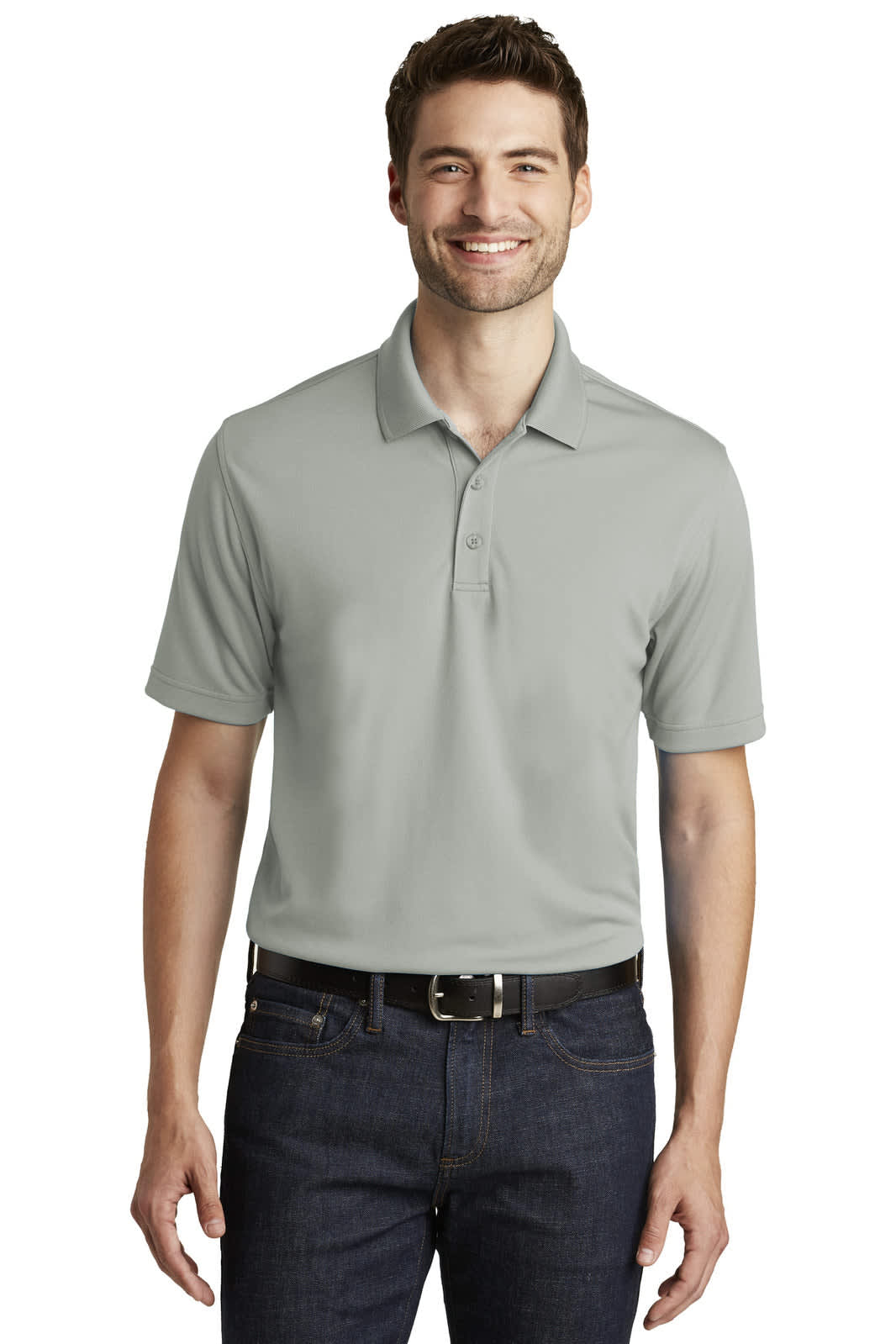 A light grey polo shirt worn by a smiling man, featuring a collar and a logo on the chest.