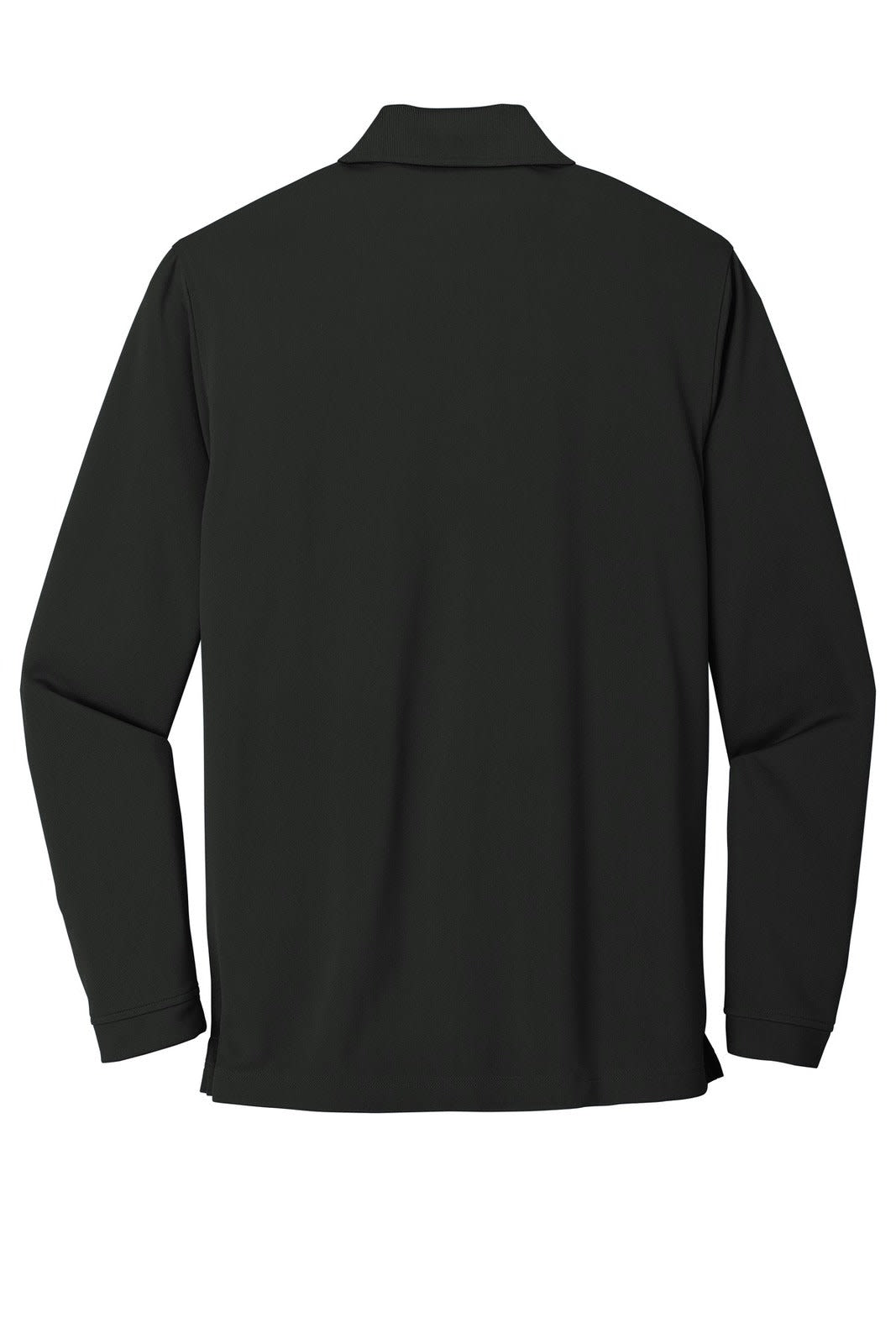 A black long sleeve polo shirt with a collar, featuring a logo on the back.