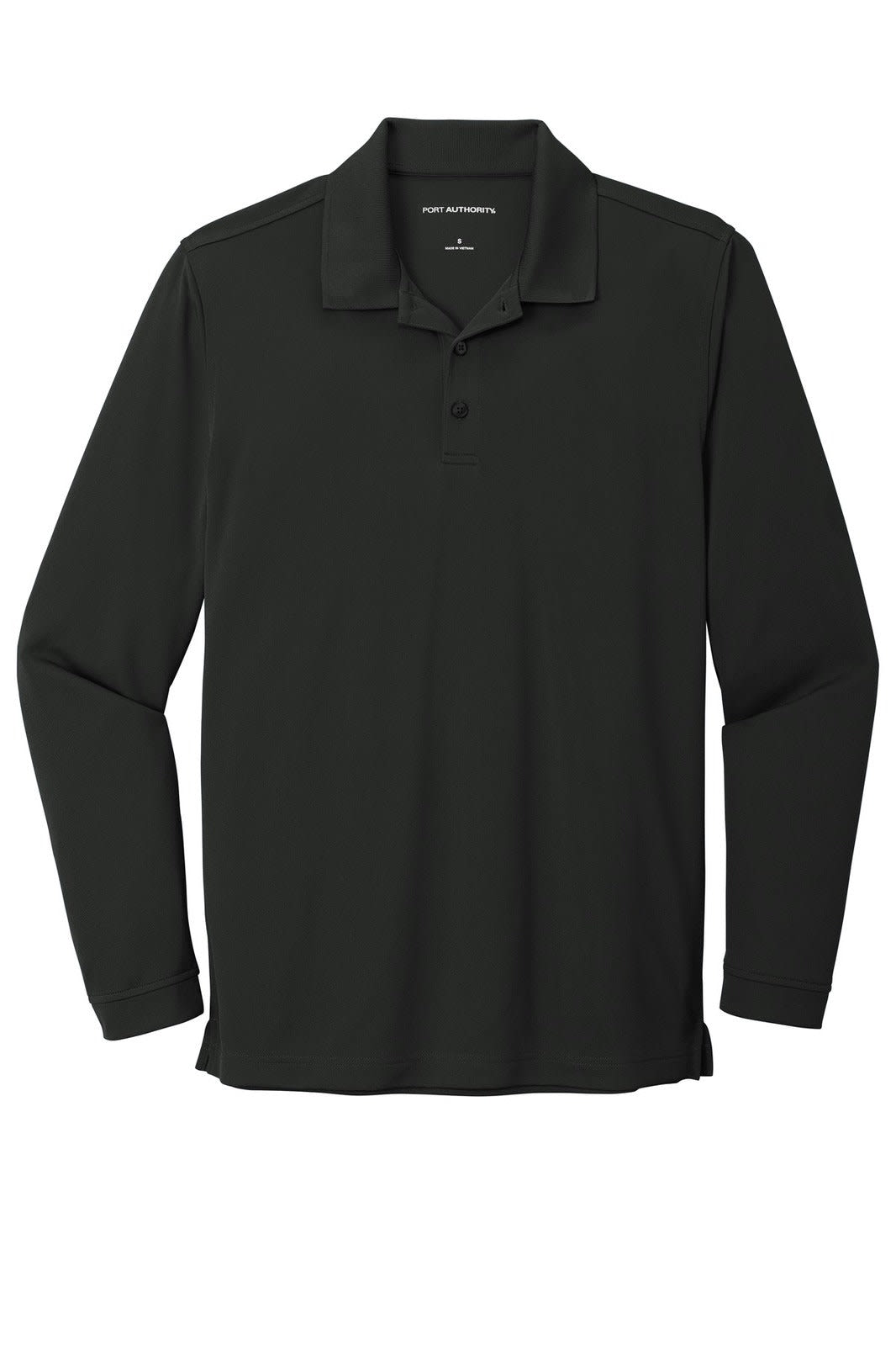 A black long sleeve polo shirt made from micro-mesh material, featuring a collar and buttons, with a branding logo.