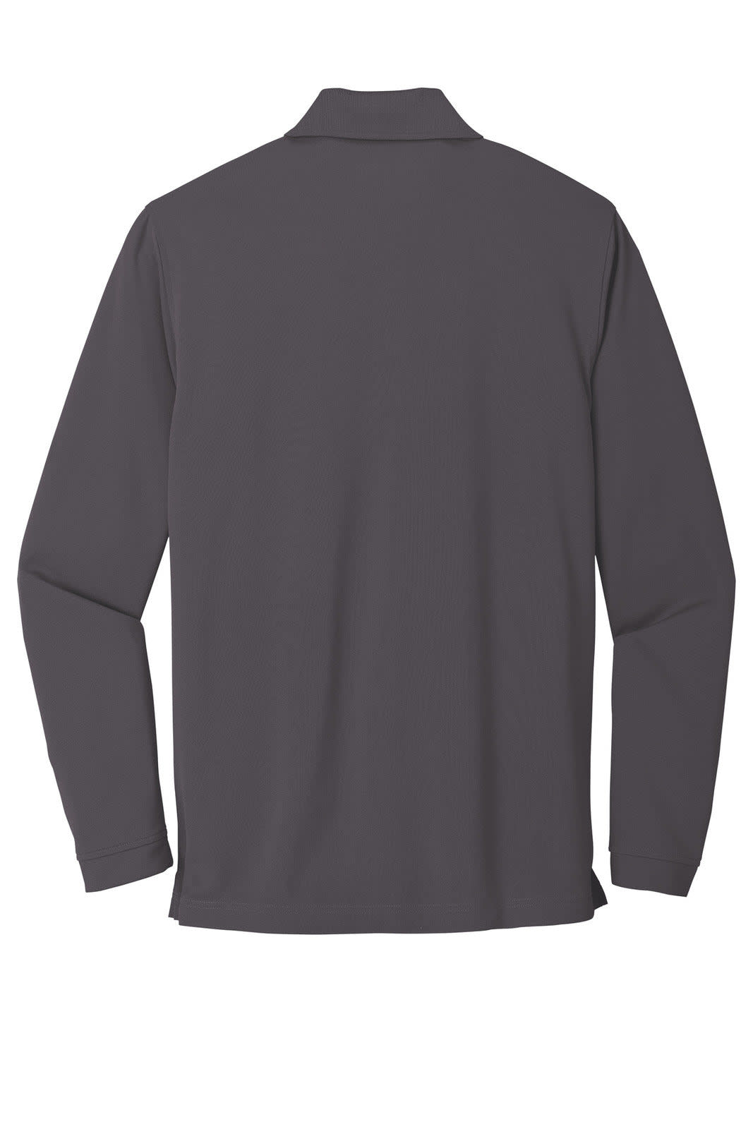 A grey long sleeve polo shirt with a collar and a logo on the back. Features micro-mesh fabric.