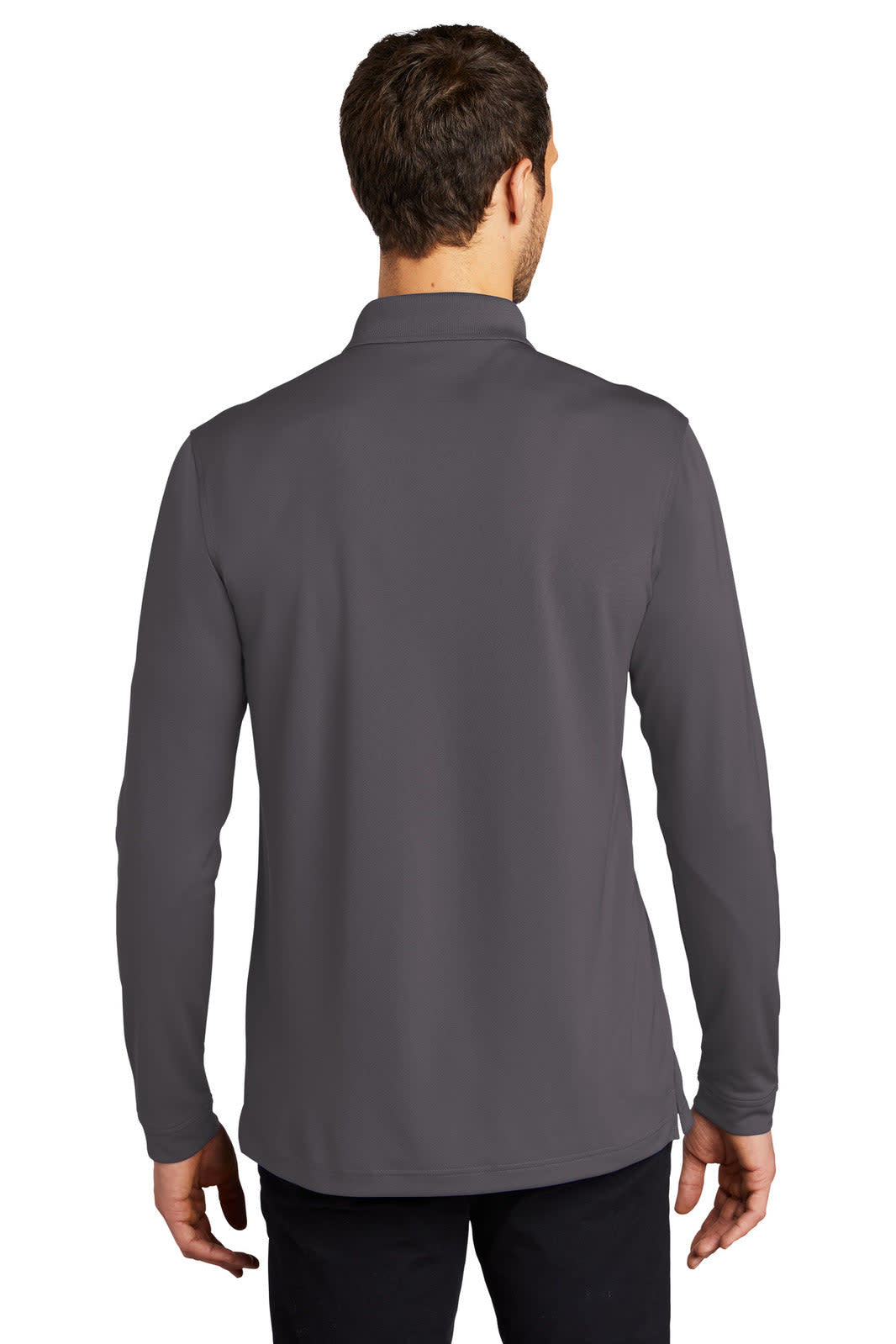 A man wearing a long sleeve polo shirt in grey, featuring a collar and a branded logo.