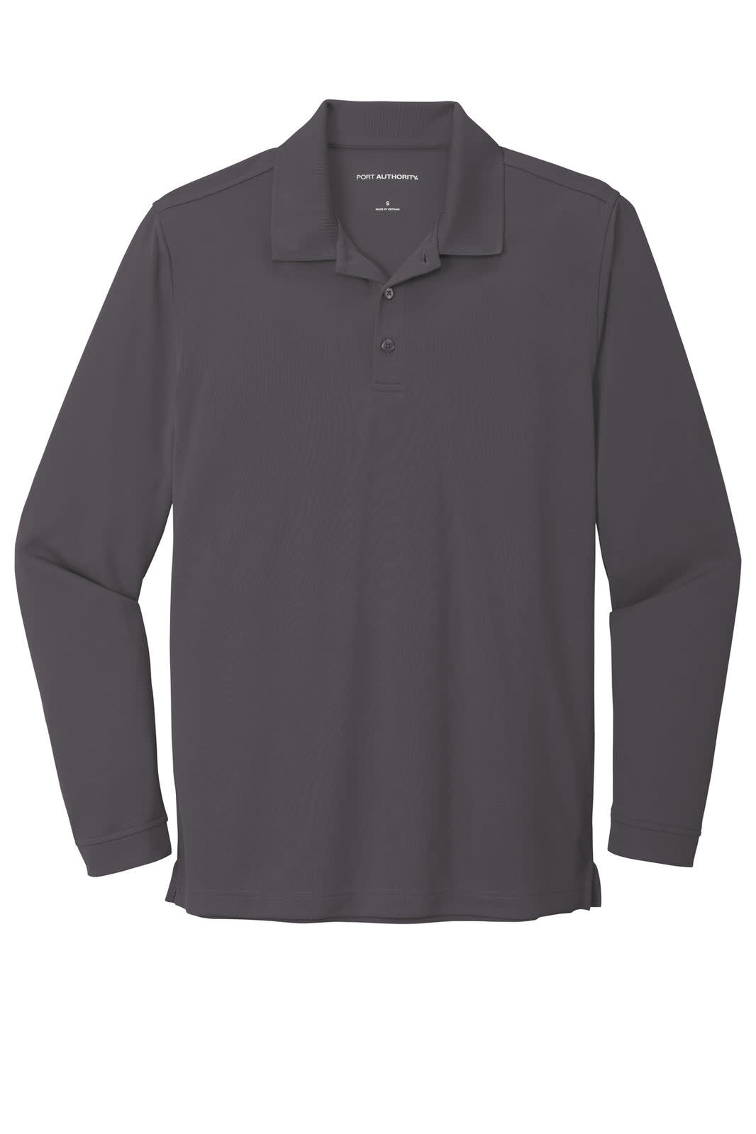 A long sleeve polo shirt in dark grey with a collar and buttons, featuring a logo on the chest.