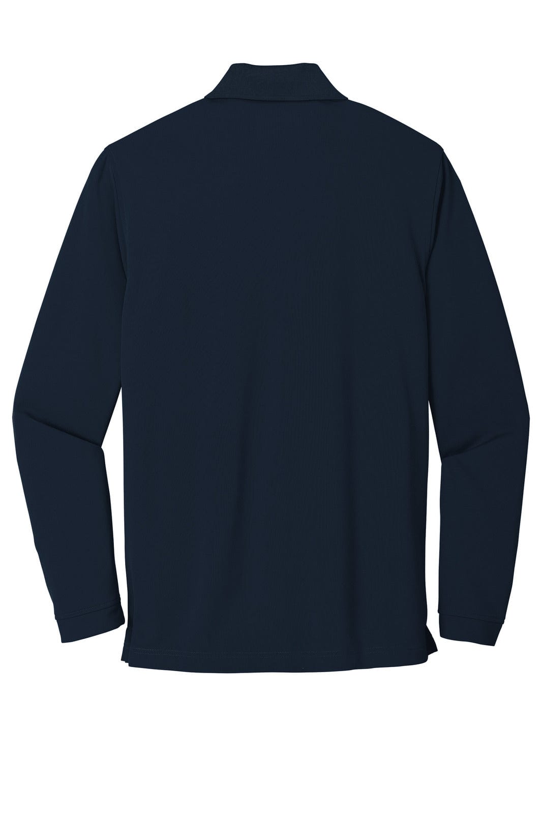 A dark navy long sleeve polo shirt with a collar, featuring a logo on the back.