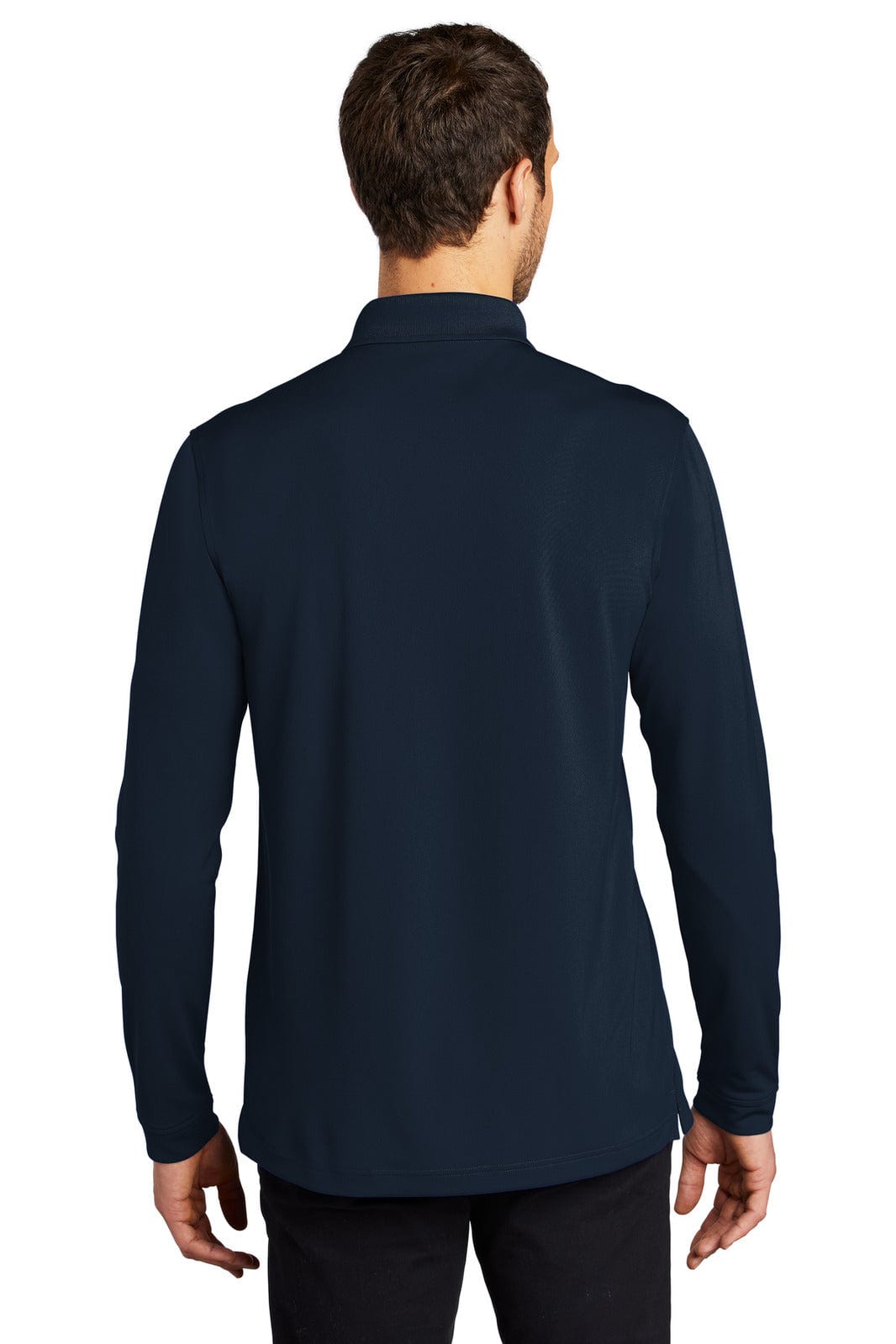 A man wearing a navy long sleeve polo shirt with a collar, featuring a logo. The back view is visible.