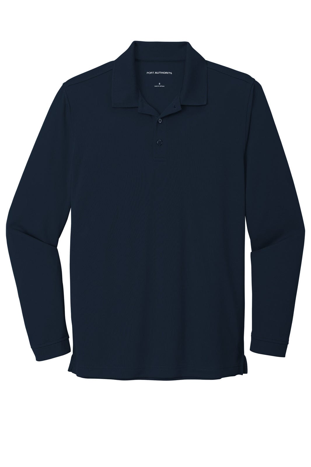 A long sleeve polo shirt in navy blue, featuring a collar and a logo on the front.