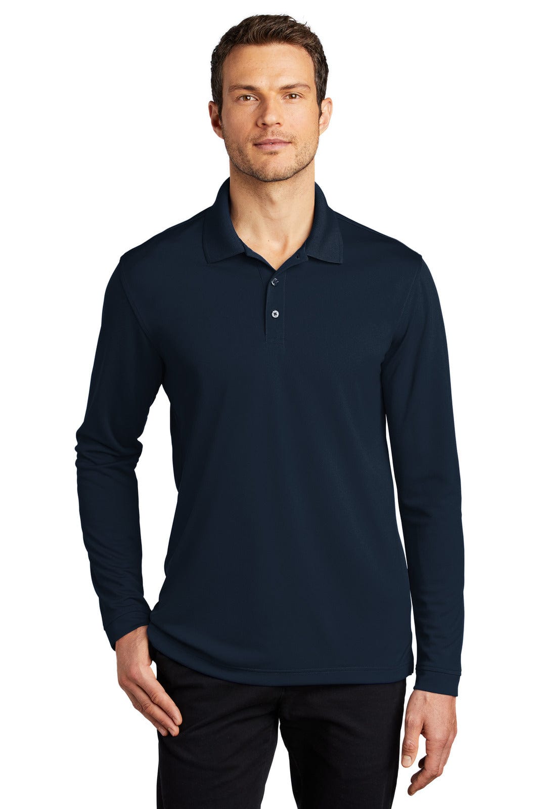 A long-sleeve polo shirt in navy blue, featuring a collar and a logo on the chest.