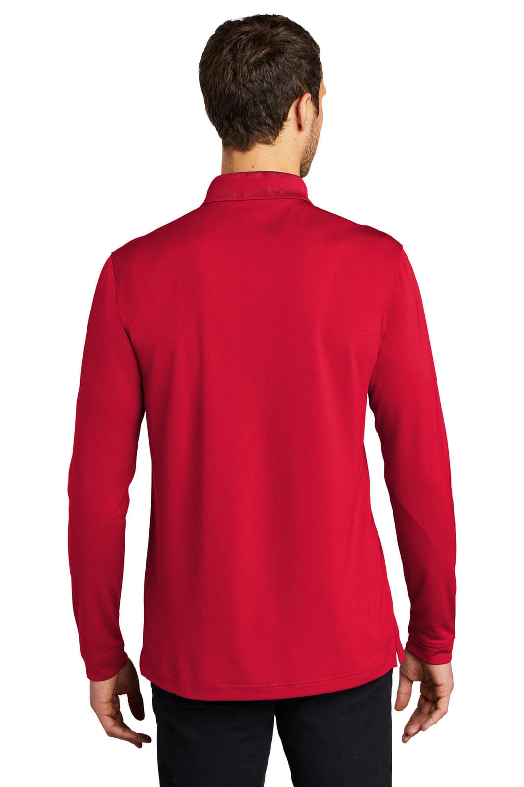 A long sleeve polo shirt in vibrant red, featuring a collar and a logo on the back.