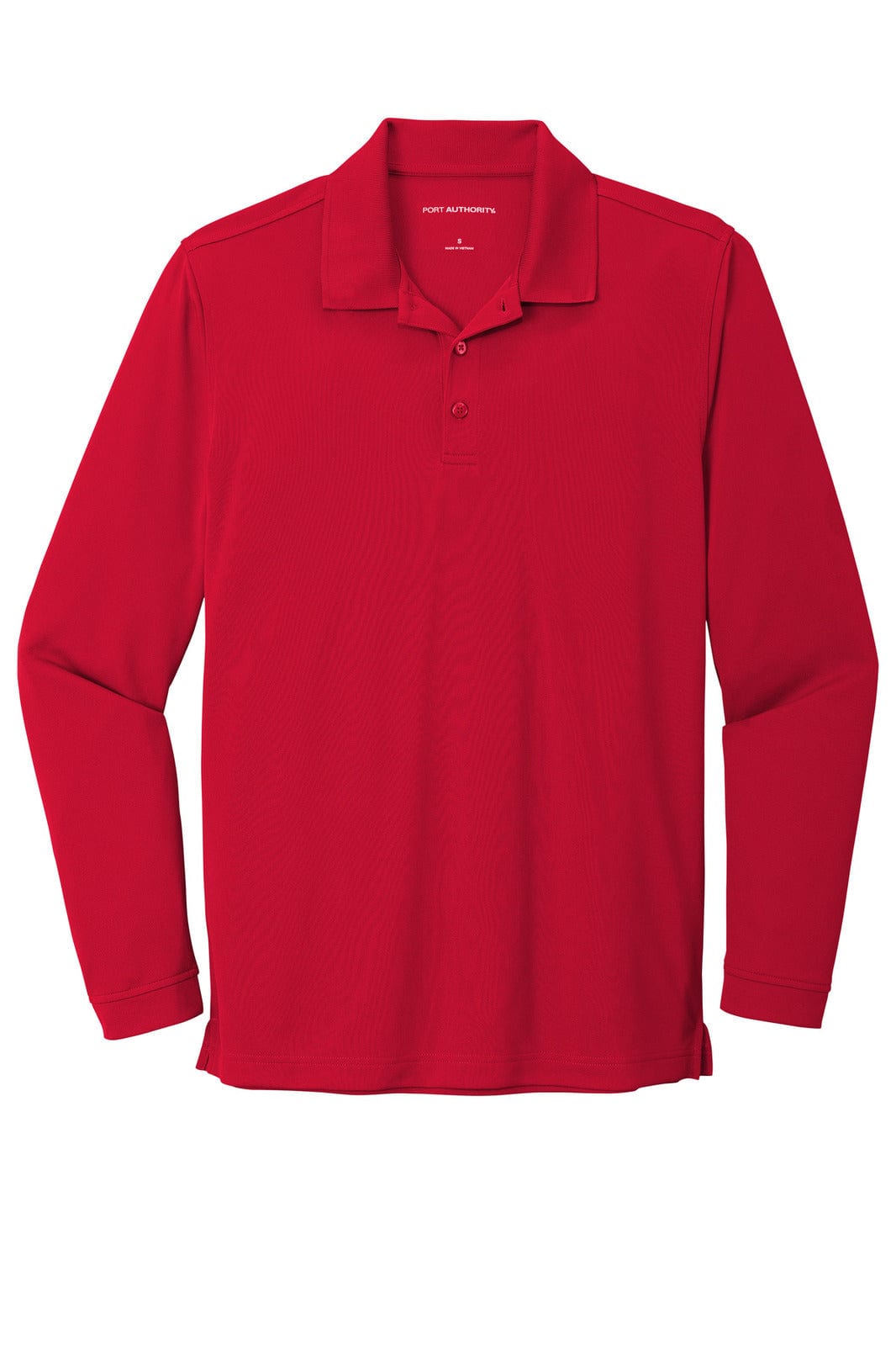 A red long sleeve polo shirt made of micro-mesh fabric, featuring a collar and buttons, with a branding logo.