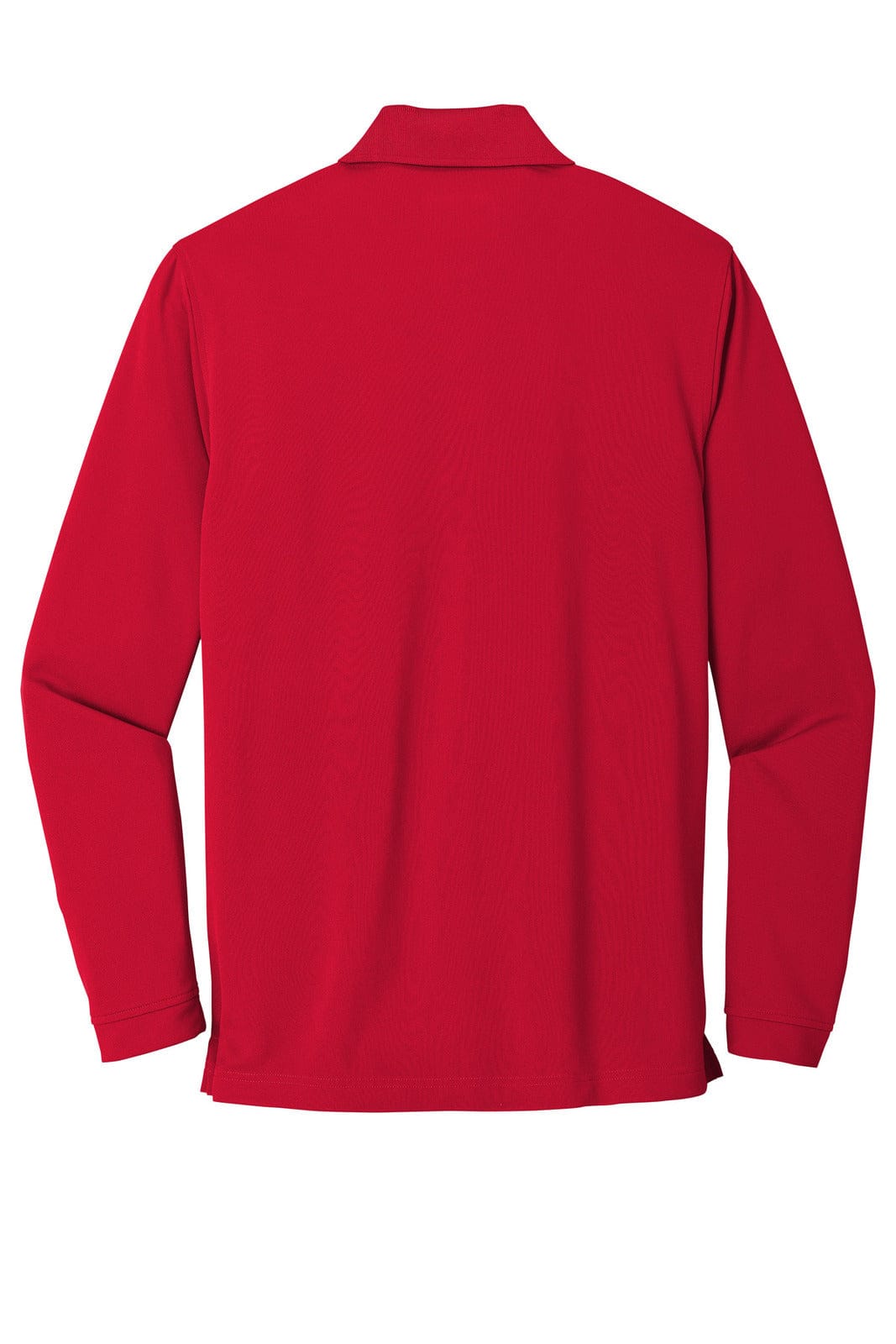 A red long sleeve polo shirt with a collar and a logo on the back.