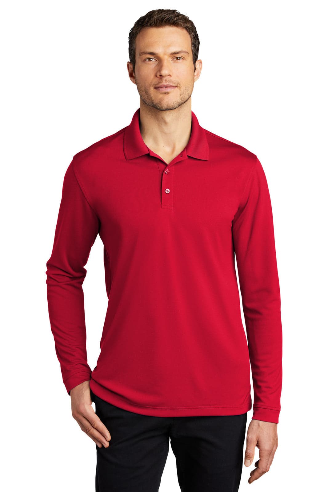 A red long sleeve polo shirt with a collar, featuring a logo. Ideal for casual or semi-formal wear.