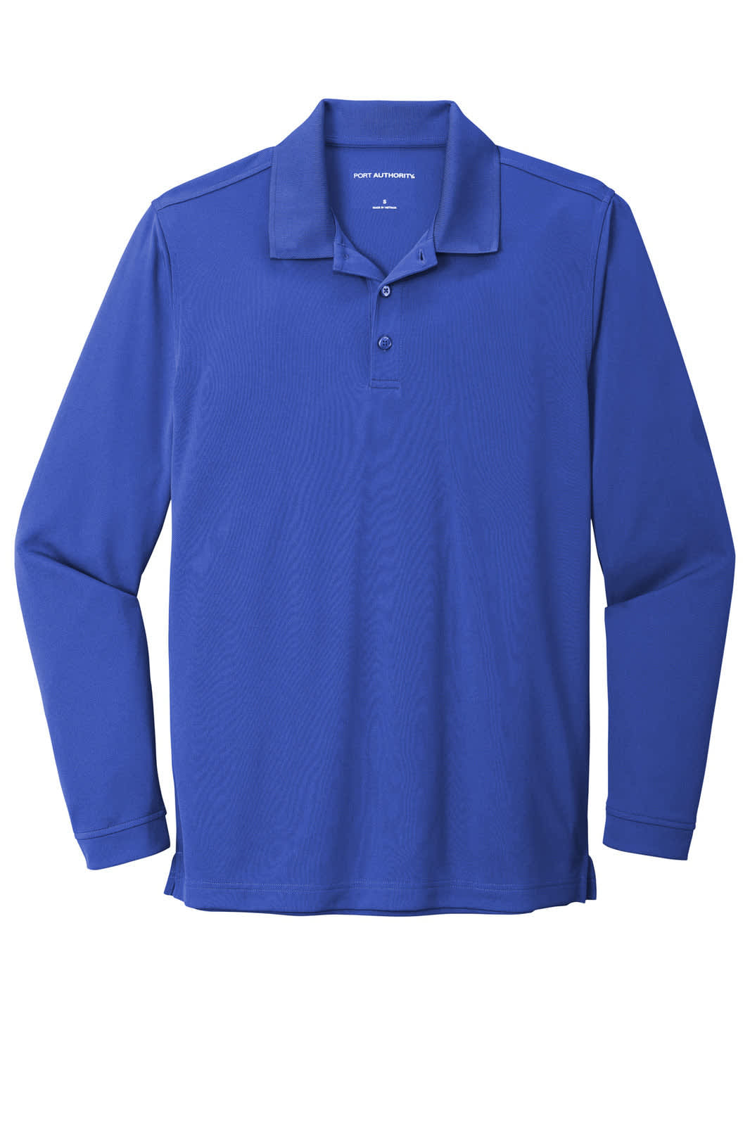 A blue long sleeve polo shirt made from micro-mesh fabric, featuring a collar and buttons, with a logo on the chest.