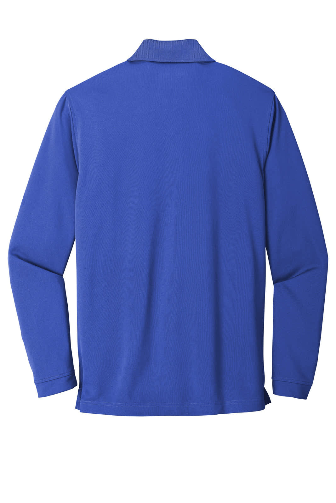 A blue long sleeve polo shirt with a collar, featuring a logo on the back.
