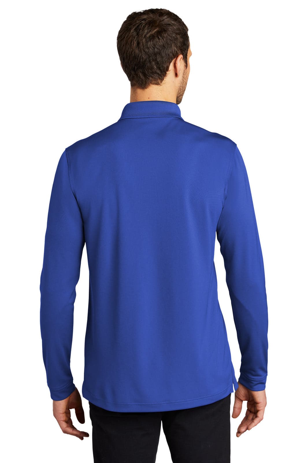 A blue long sleeve polo shirt with a collar, viewed from the back, featuring a logo on the neck.