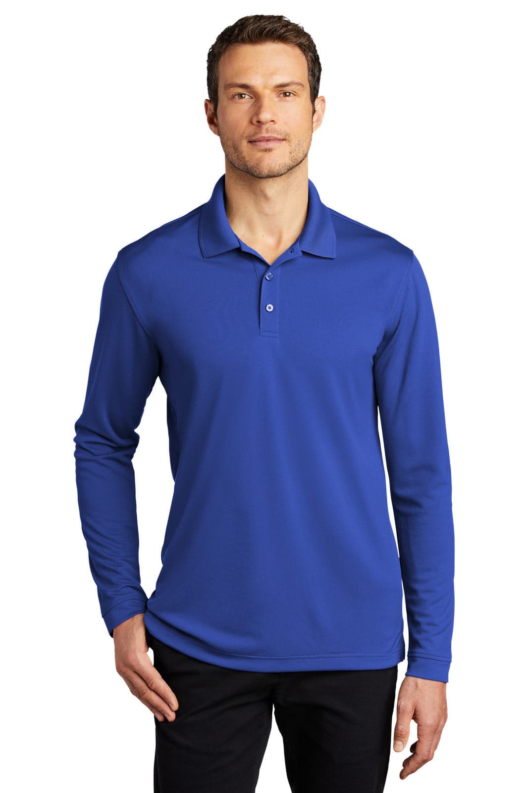 A long-sleeve polo shirt in royal blue with a collar and three buttons, featuring a logo.