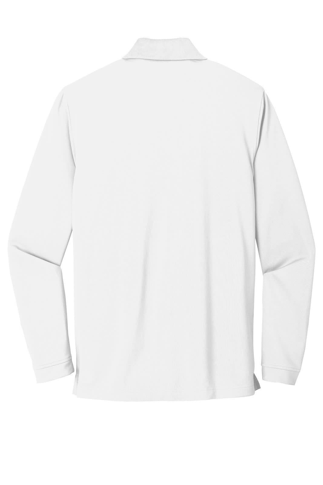A white long sleeve polo shirt with a micro-mesh design and a collar. Features a logo on the fabric.