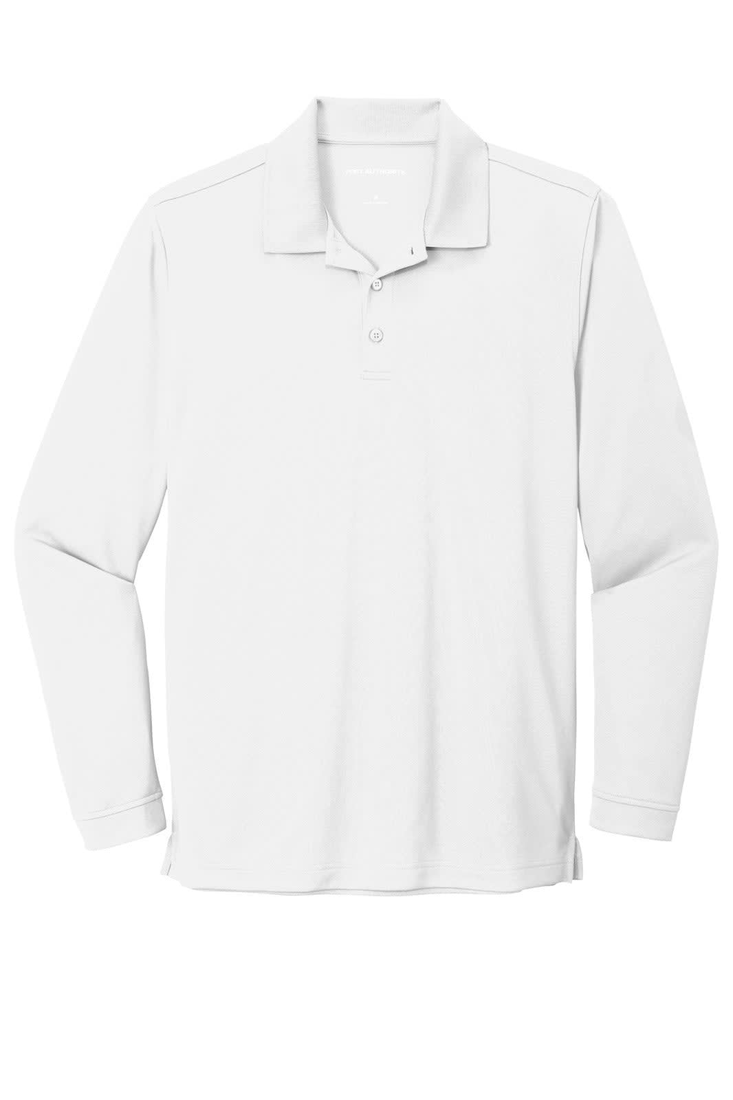 A white long sleeve polo shirt with a collar and buttons, featuring a logo on the chest.