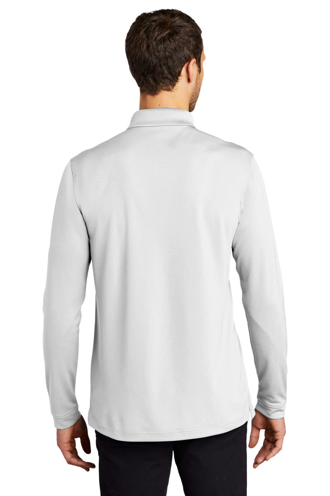 A long sleeve polo shirt in light grey with a collar and a logo on the back.