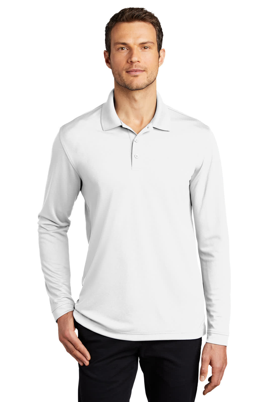 A long-sleeve white polo shirt made from micro-mesh fabric, featuring a collar and a logo.