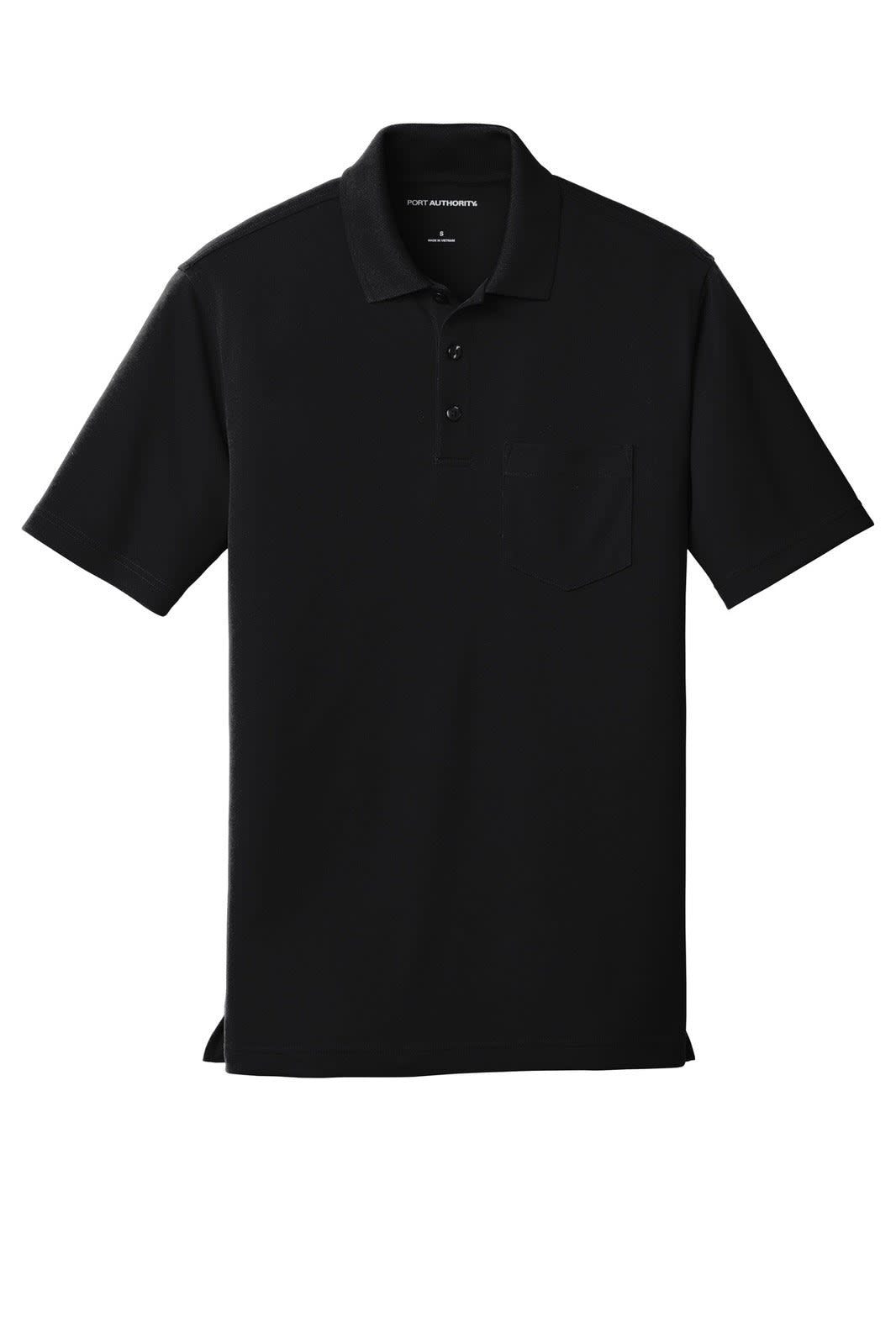 A black micro-mesh pocket polo shirt featuring a collar and a logo. Suitable for casual or work wear.