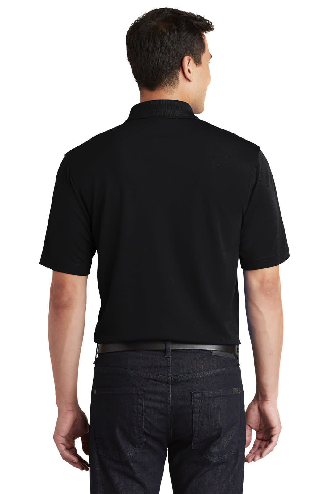A short-sleeved black polo shirt made of micro-mesh fabric, featuring a collar and a logo.