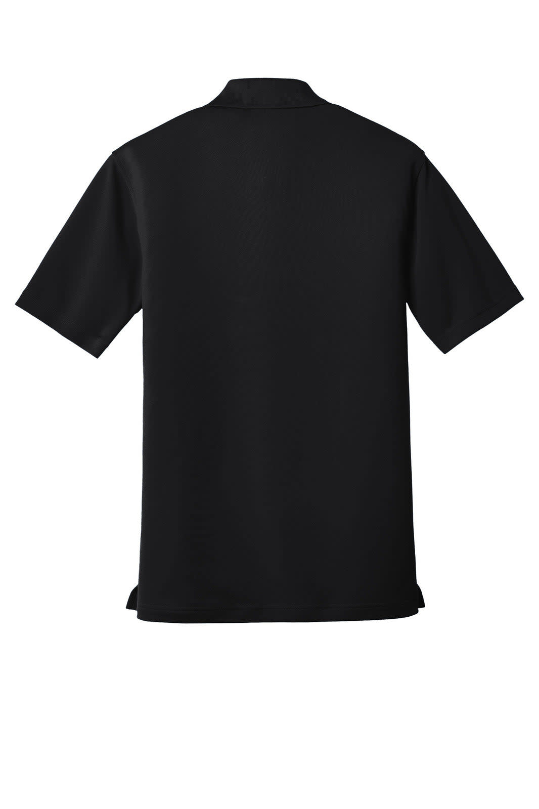 A black polo shirt featuring a micro-mesh design and a pocket, with a logo on the chest.