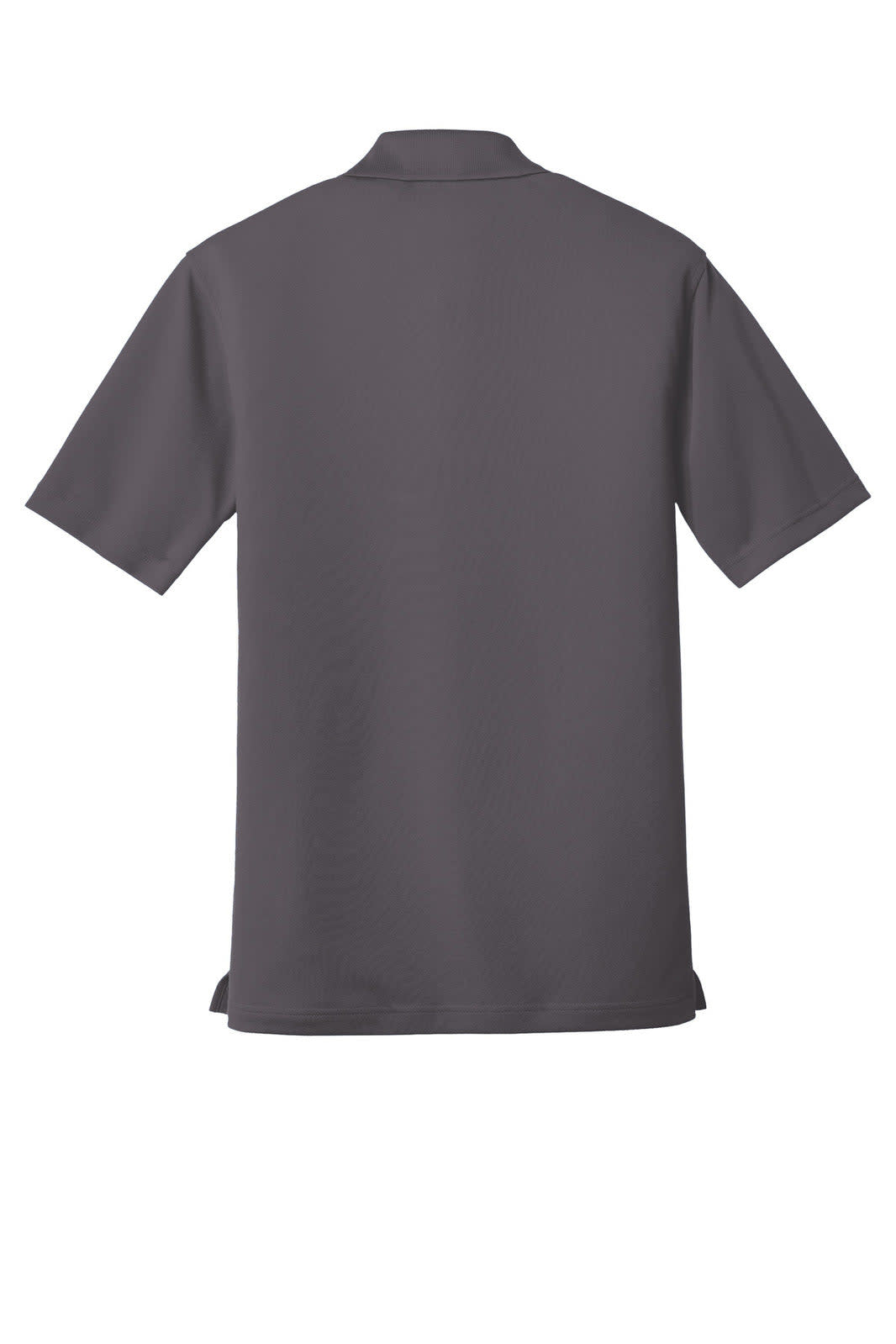 A grey polo shirt with a micro-mesh design, featuring a collar and short sleeves, has a logo on it.