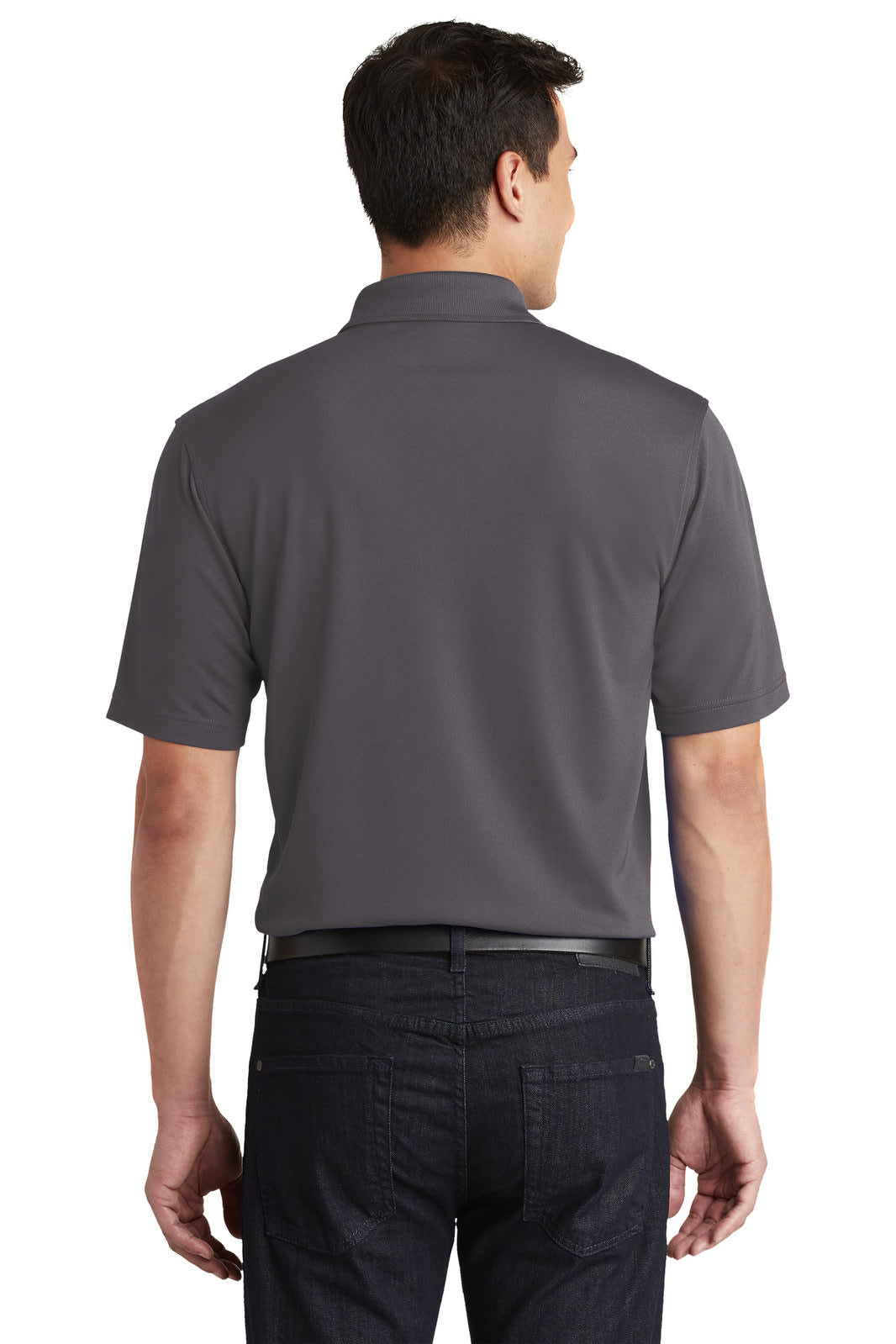 A grey polo shirt featuring a collar and short sleeves, displayed from the back with a subtle logo.