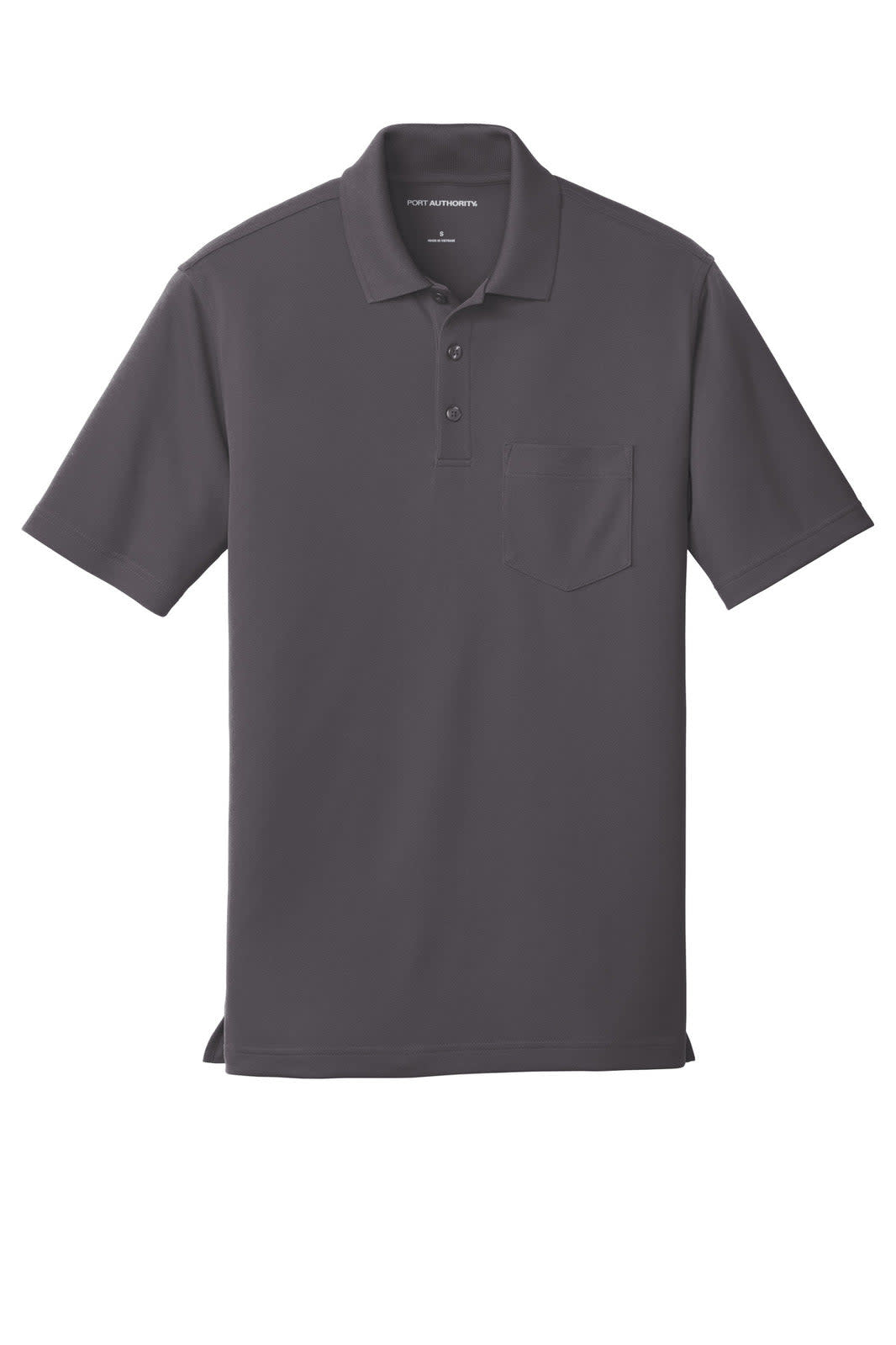 A grey polo shirt featuring a pocket and a logo. The fabric is micro-mesh for moisture management.