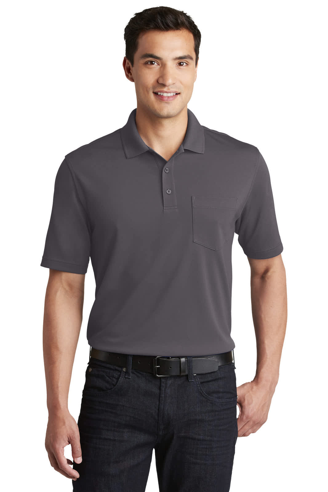 A man wearing a grey Port Authority Dry Zone UV Micro-Mesh Pocket Polo, paired with dark jeans and a belt.