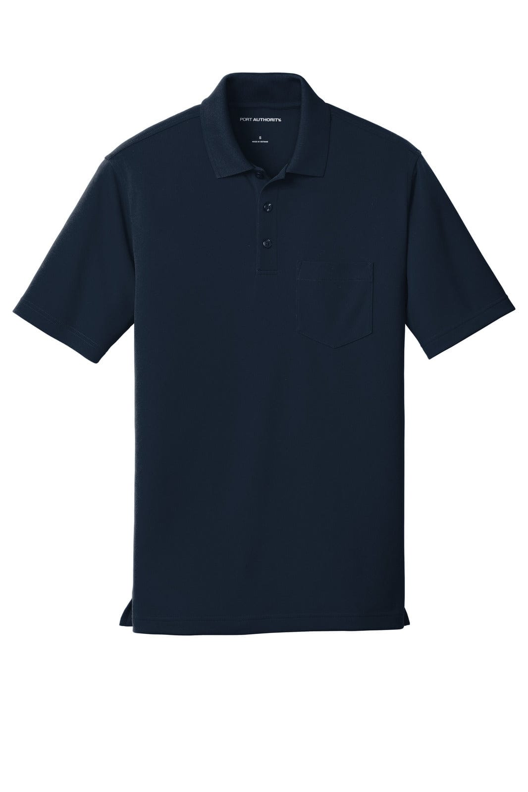 A navy polo shirt with a pocket, featuring a collar and short sleeves. The shirt has a logo.