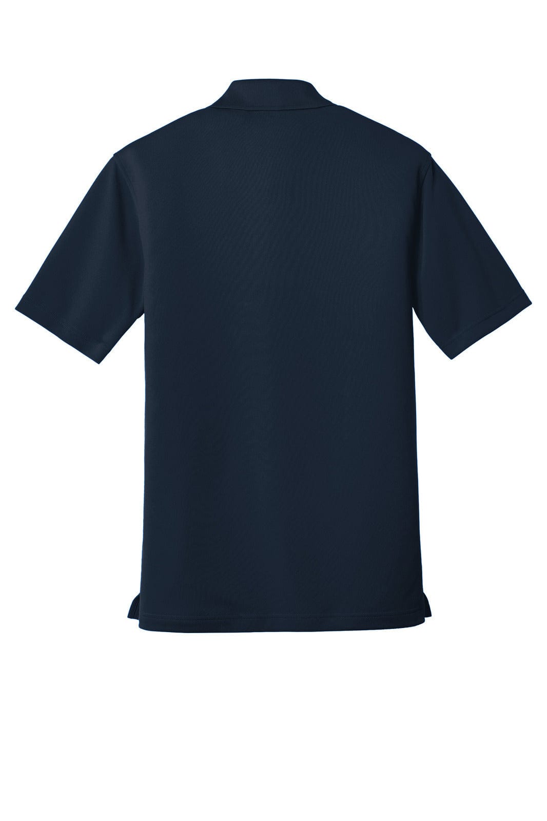 A navy blue Port Authority Dry Zone UV Micro-Mesh Pocket Polo with a collar and short sleeves, featuring a logo.