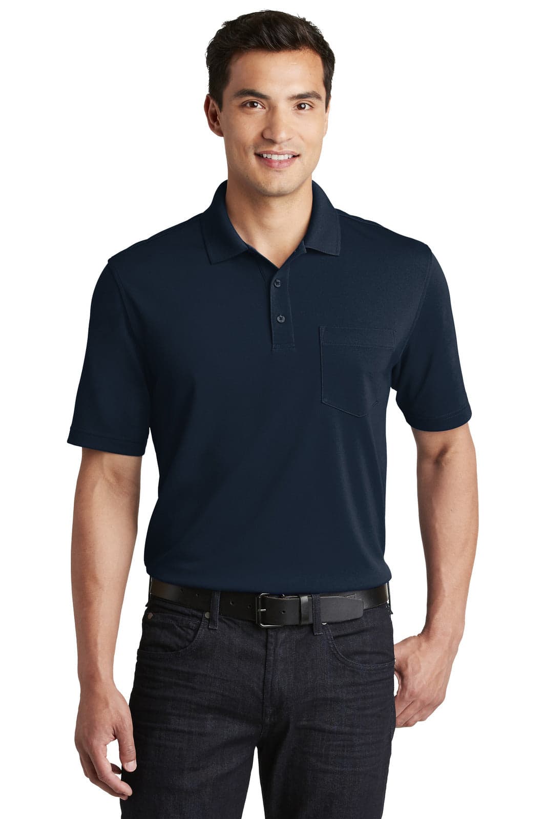 A navy blue polo shirt with a pocket, featuring a subtle branding logo on the chest.