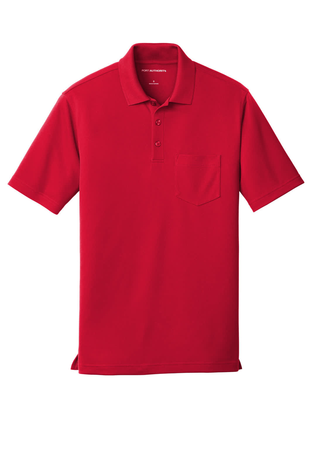A red polo shirt with a pocket and a logo, featuring a micro-mesh design for breathability.