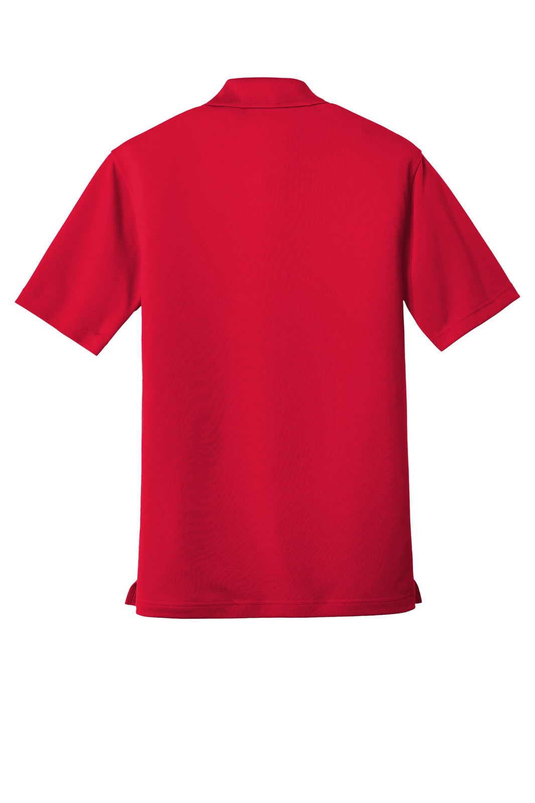 A red micro-mesh polo shirt featuring a collar and short sleeves, with a logo on the side.