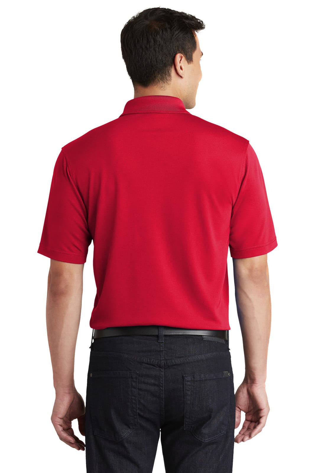 A red polo shirt with a micro-mesh design, featuring a back view and a branding logo on the collar.