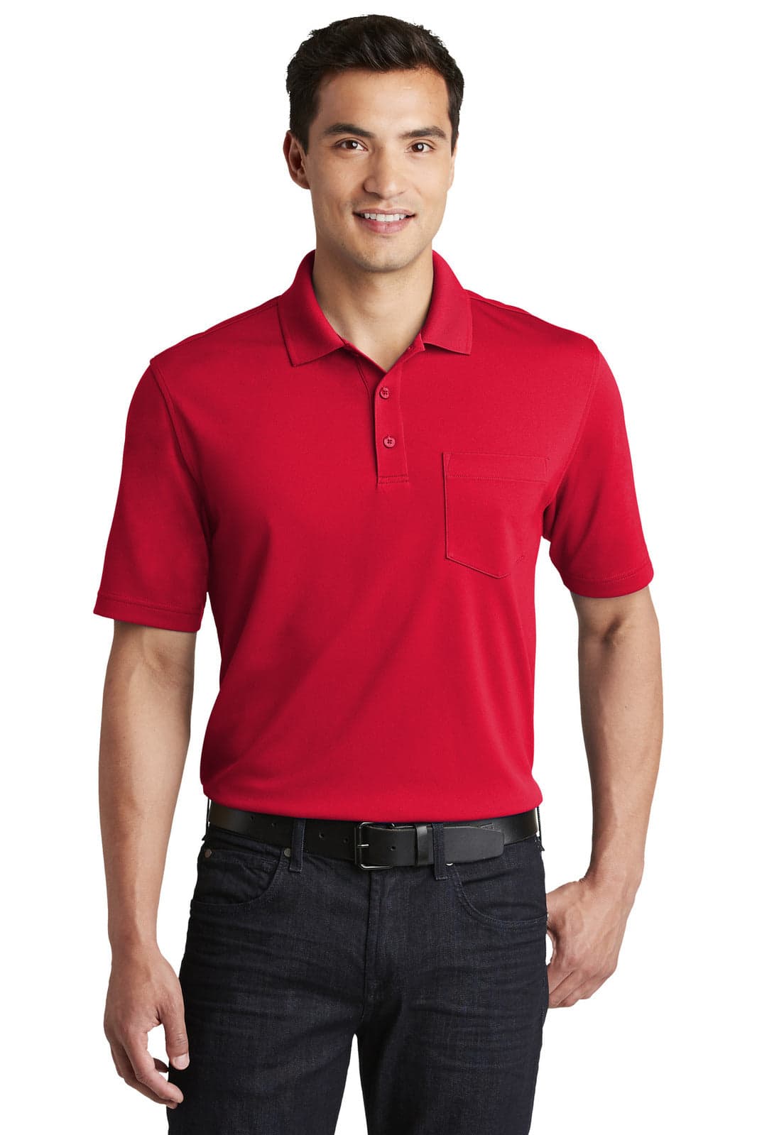 A red polo shirt with a pocket and short sleeves, featuring a logo on the chest.