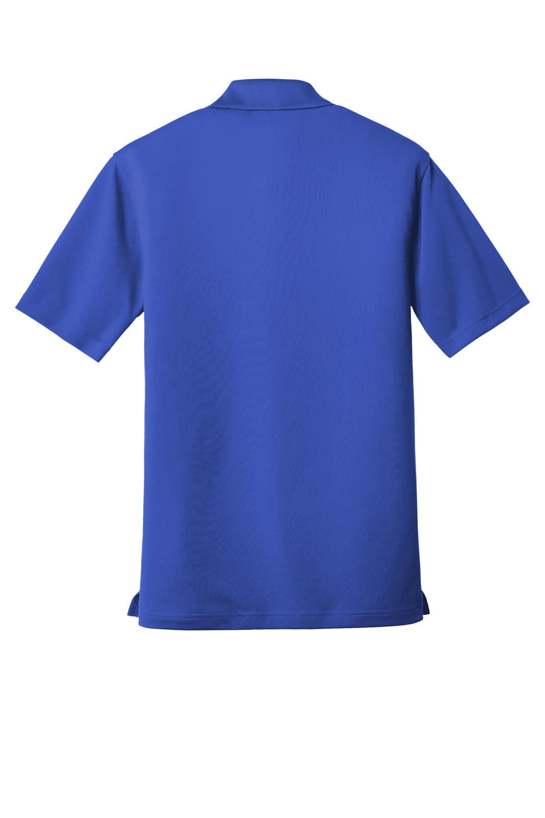 A blue polo shirt featuring a micro-mesh texture and a collar, with a logo on the chest.