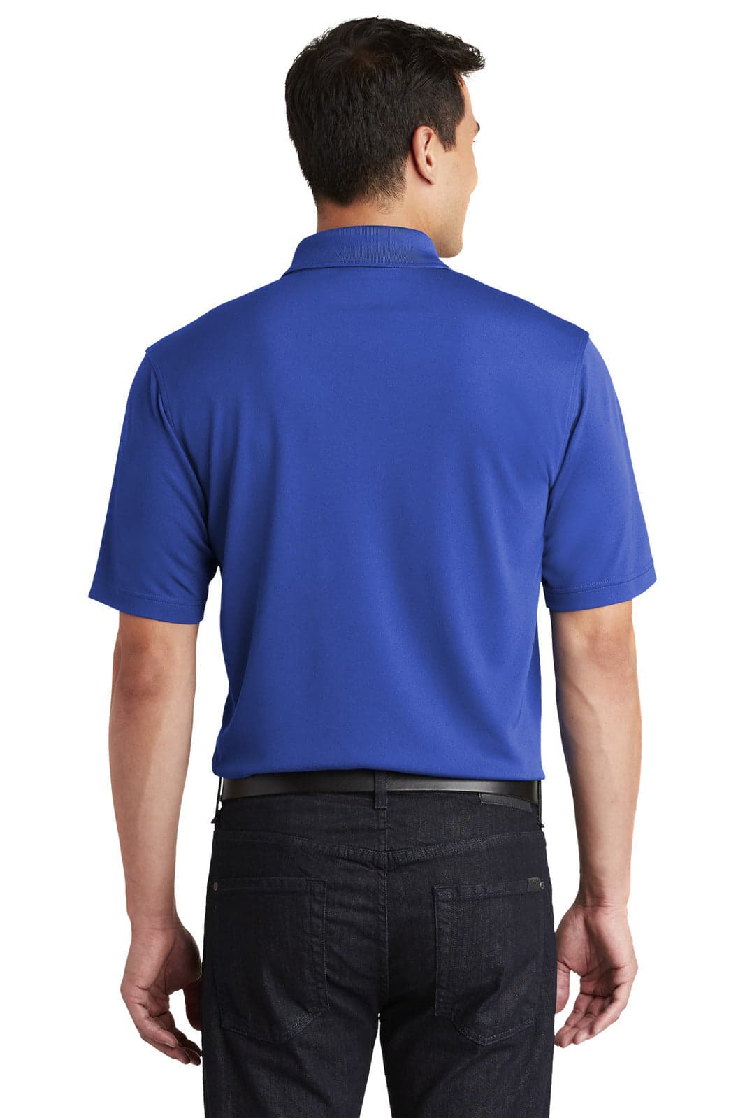 A blue polo shirt with a micro-mesh design, featuring a back view of the garment and a logo.