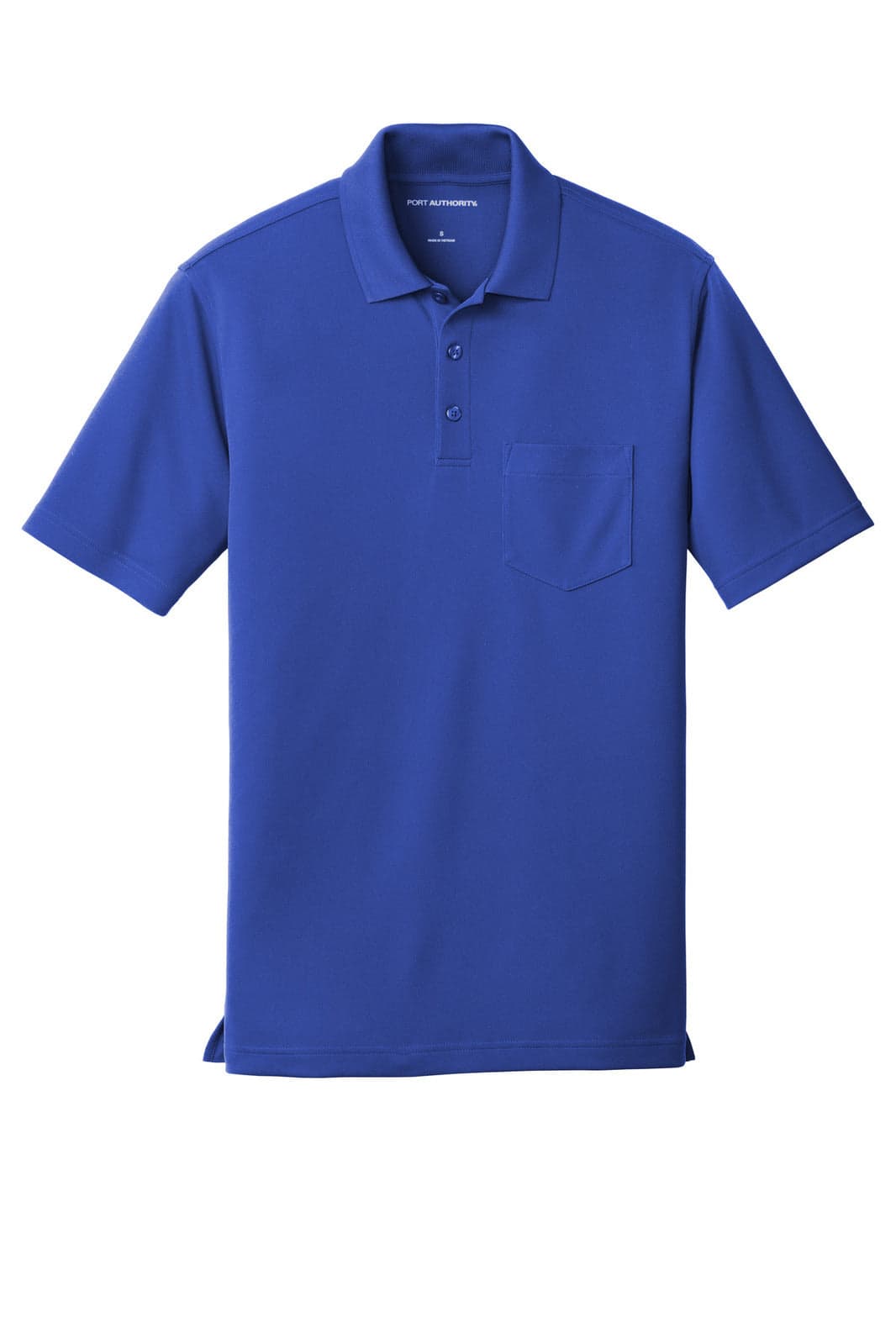 A blue polo shirt featuring a pocket and a logo, made from moisture-wicking micro-mesh fabric.