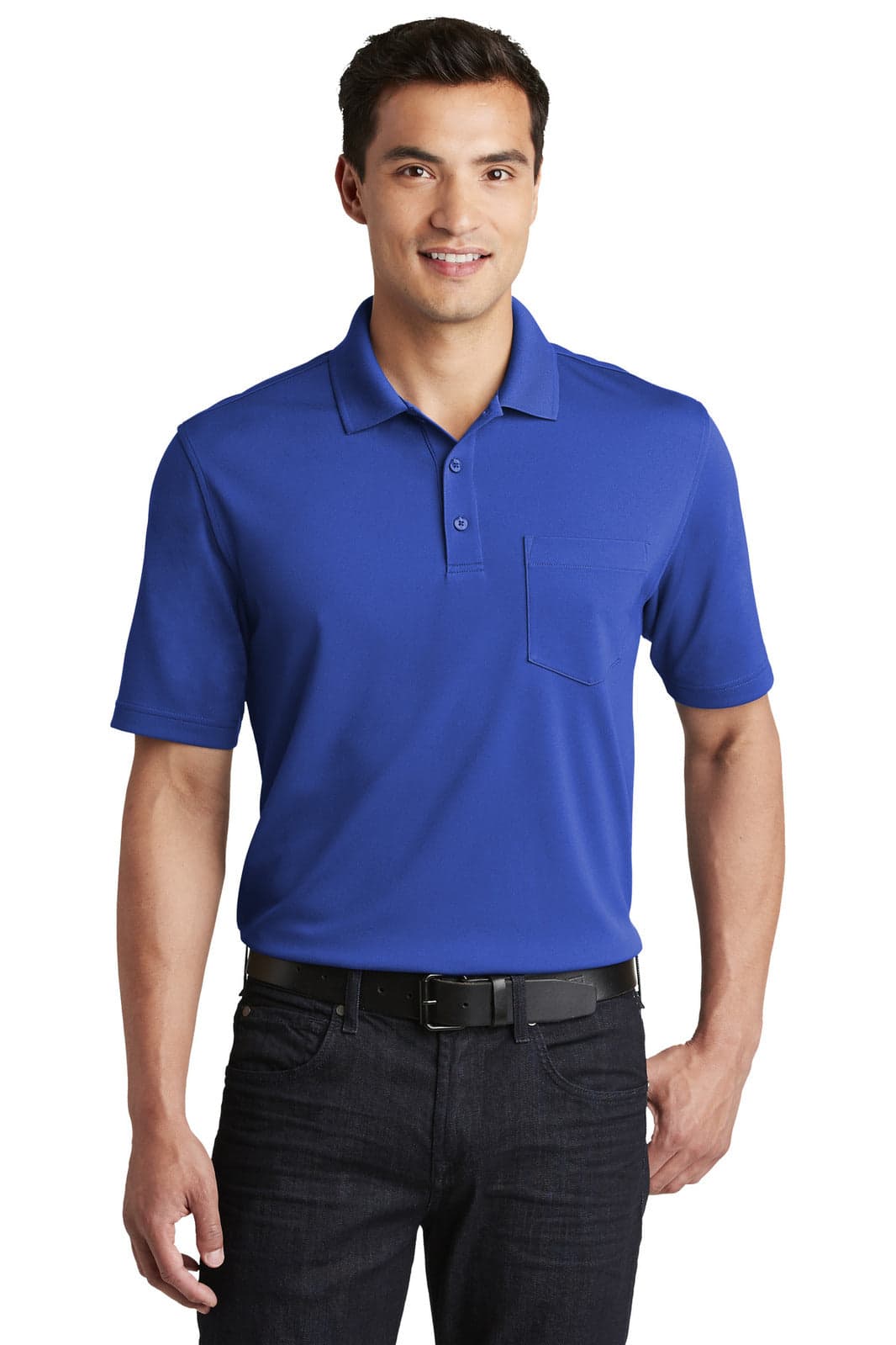 A blue polo shirt with a pocket, featuring short sleeves and a collar, worn by a male model. It has a logo.